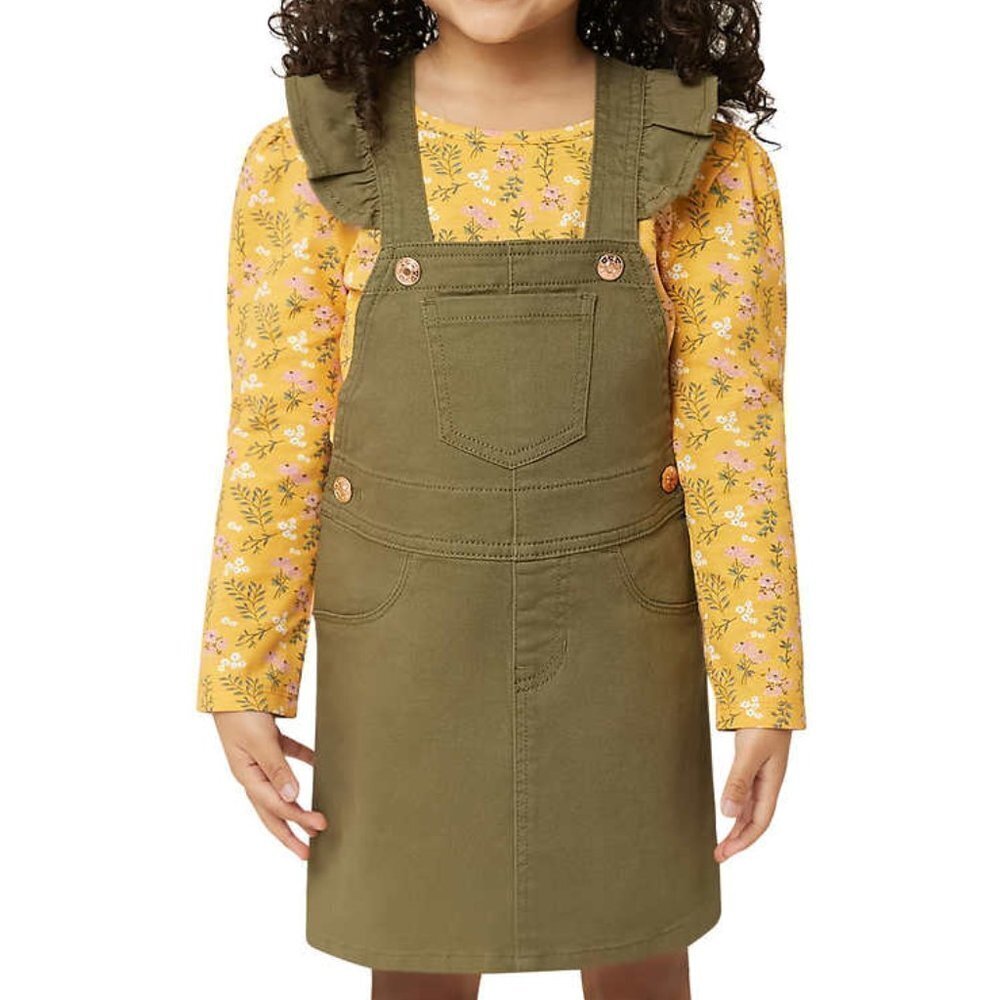 BCBG Girls 2-Piece Jumper & Long Sleeve Top Set Size 5 Olive Yellow Floral NWT